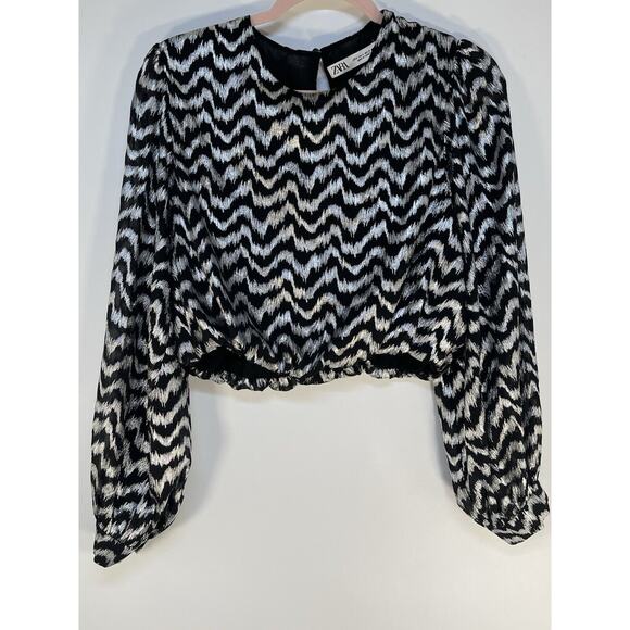 Zara Tops - Zara Zebra Print Long Sleeved Metallic Black Silver Crop Top Size S Preowned